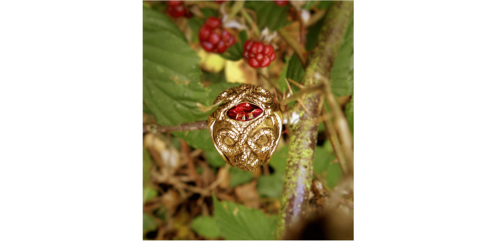 bague serpents entrelacés en bronze jaune avec pierre rouge